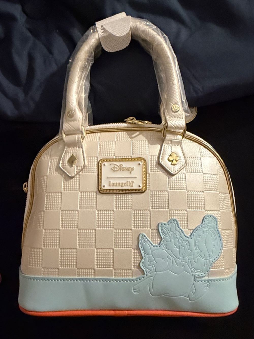Loungefly White and Light Blue Bunny-Ear Dome Satchel with Gold Clock Charm - Picture 2 of 8